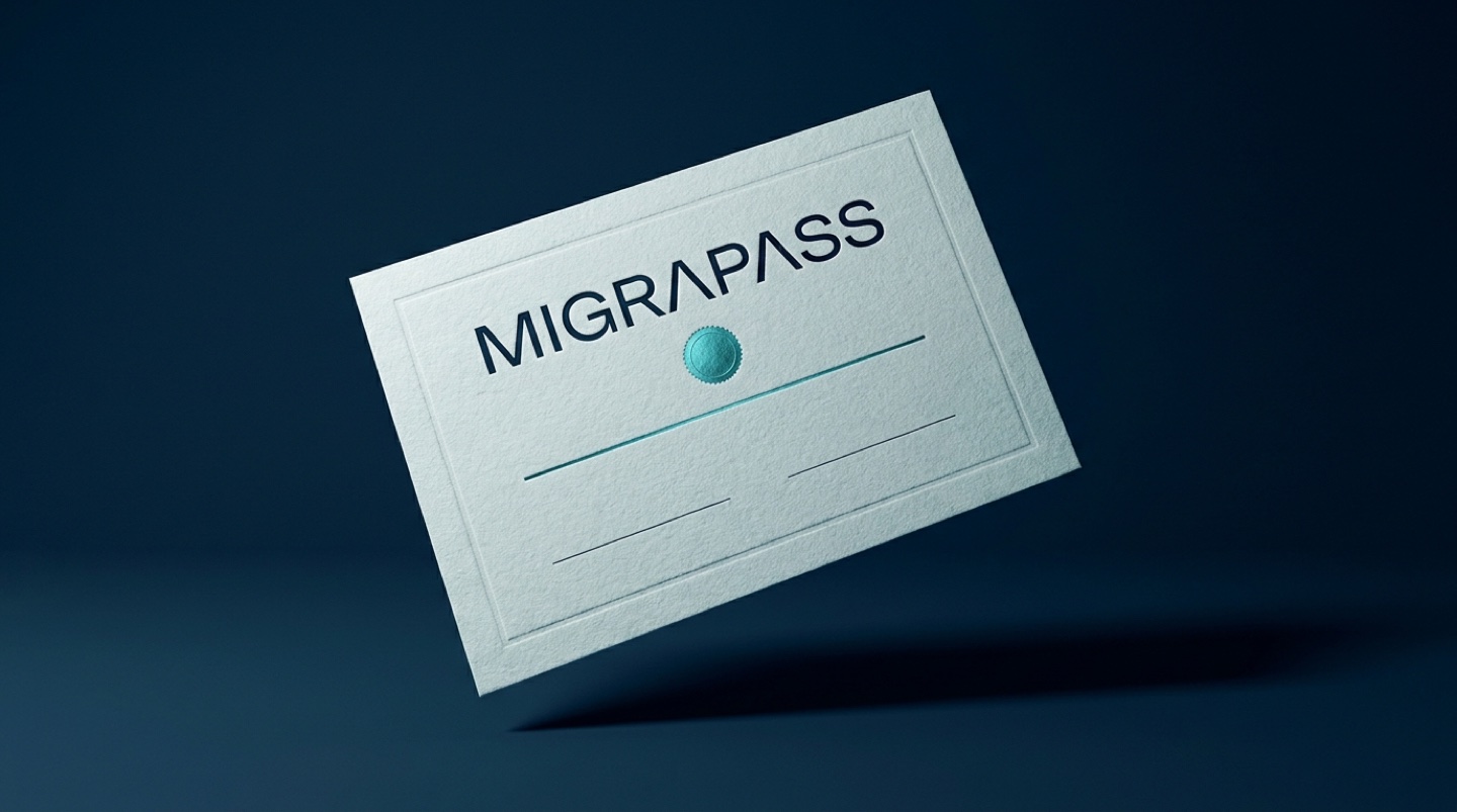 Сертификат MigraPass с тиснёной печатью на тёмно-синем фоне