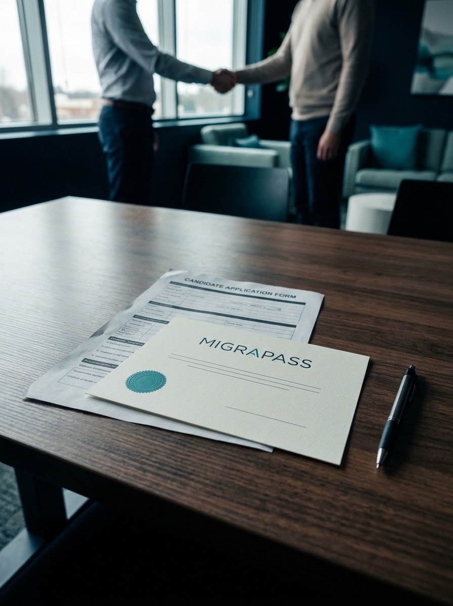 Сертификат MigraPass поверх анкеты кандидата на столе работодателя